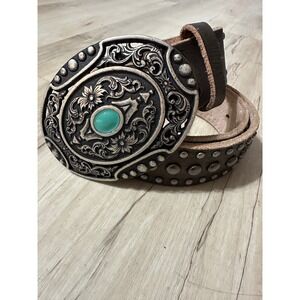 ARIAT Women's Brown Studded Leather Belt Silver Etched Buckle With Turquoise